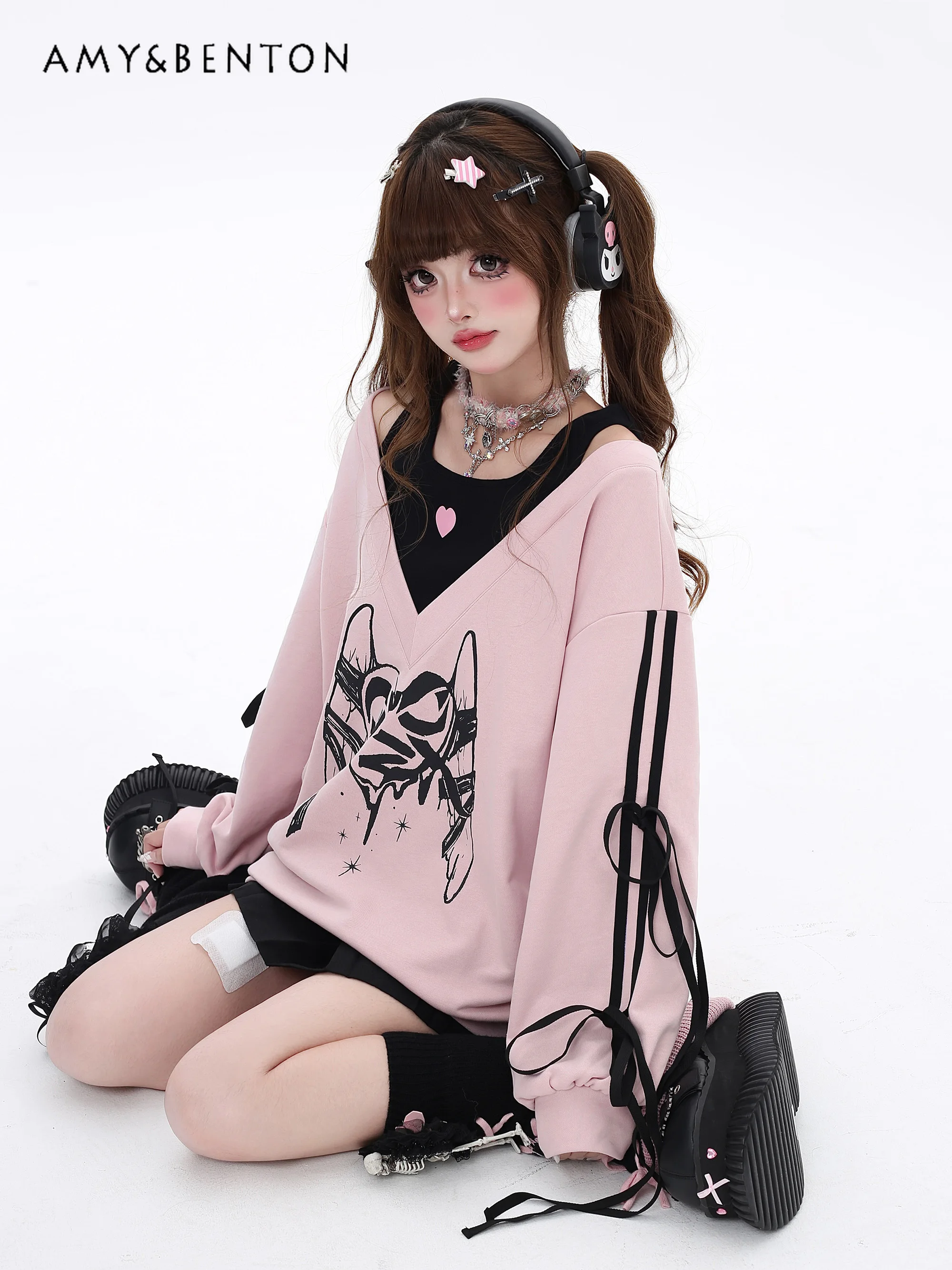 Subculture Sweet Hot Girl Butterfly Print Round Collar False Two-Piece Sweatshirt Autumn Preppy Style Cute Oversized Hoodies