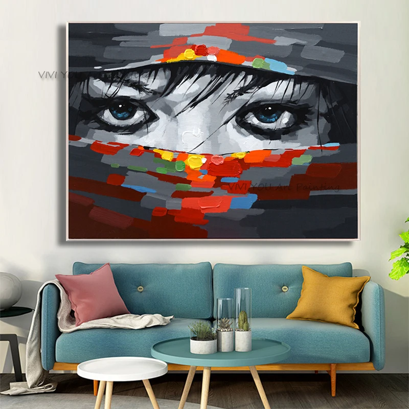 Handpainted Wall Oil Painting On Canvas Palette Knife Color Block Woman Eye Portrait Oil Painting for Living Room Decor