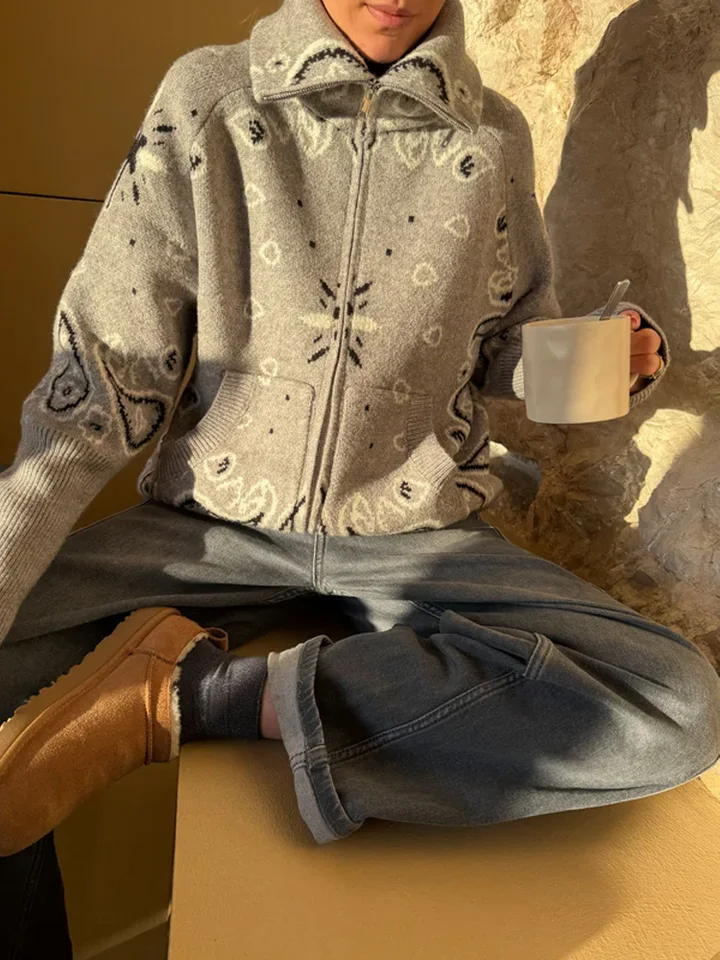 2026 Spring Loose Knit Jacquard Stand Collar Women Cardigan Zipper Full Sleeve Pockets Loose Sweater Fashion Lady Soft Knitwear, image 5