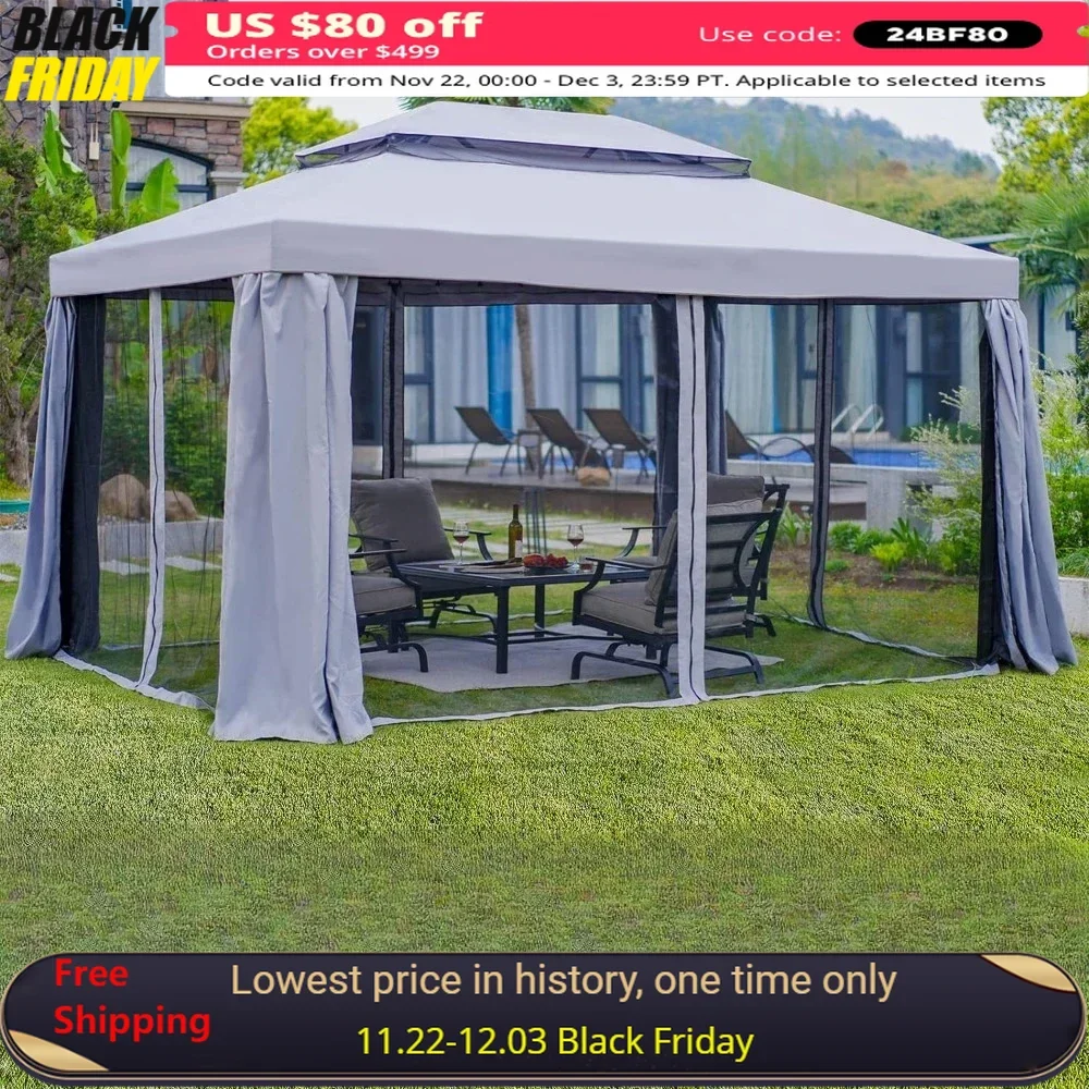 

10x13 Patio Gazebos with Mosquito Netting and Curtains for Deck Backyard Garden Lawns, Outdoor Patio Camping Tent