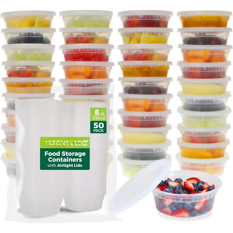 

Food Storage Containers [50 Set] 8 oz Plastic Deli, Meal Prep Containers | Microwave/Dishwasher/Freezer Safe