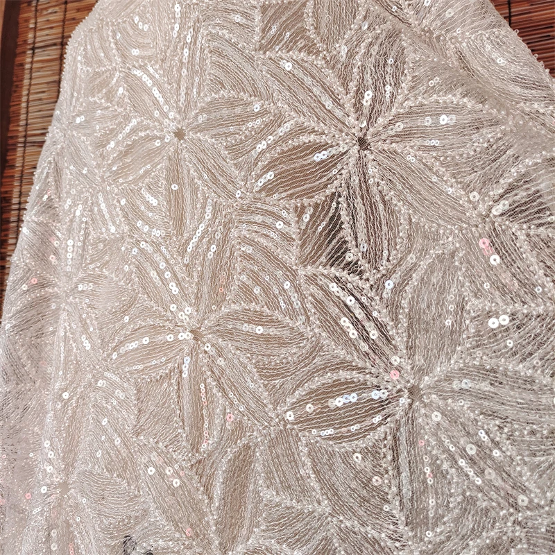 Embroidered Beaded Sequined Cloth Fabric, White Mesh, Wedding Dress, Skirt, Curtain, Tablecloth, Accessories, RS4050, New