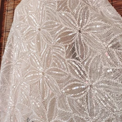 Embroidered Beaded Sequined Cloth Fabric, White Mesh, Wedding Dress, Skirt, Curtain, Tablecloth, Accessories, RS4050, New