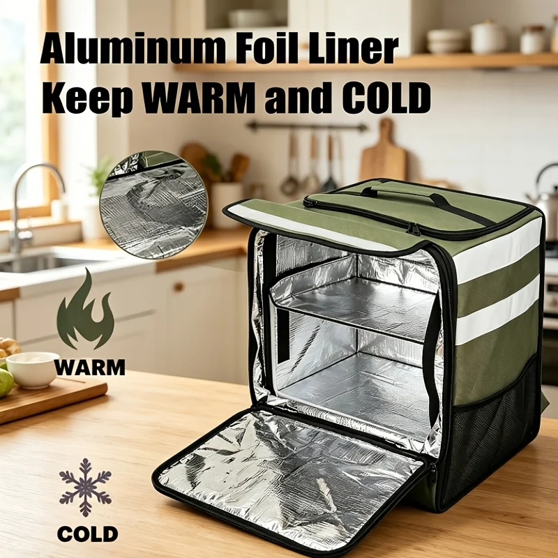 Expandable Insulated Takeout Delivery Backpack Large Reflective Strips Multi Compartments Temperature Keeping Outdoor Non Food