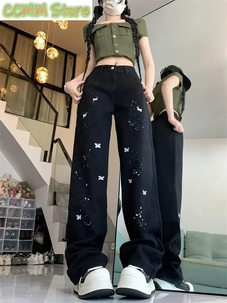 Women's Splashing Ink Butterfly Pattern Black Pants High Waisted Straight Vintage 90s Streetwear Female Casual Straight Trouser