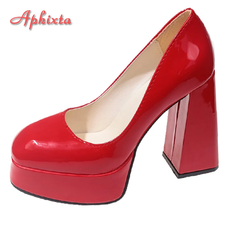 Aphixta Hot Sale Square Heels 10cm Chunky Heels Platform Pumps Double Color Blocking Women Party Dance Pumps