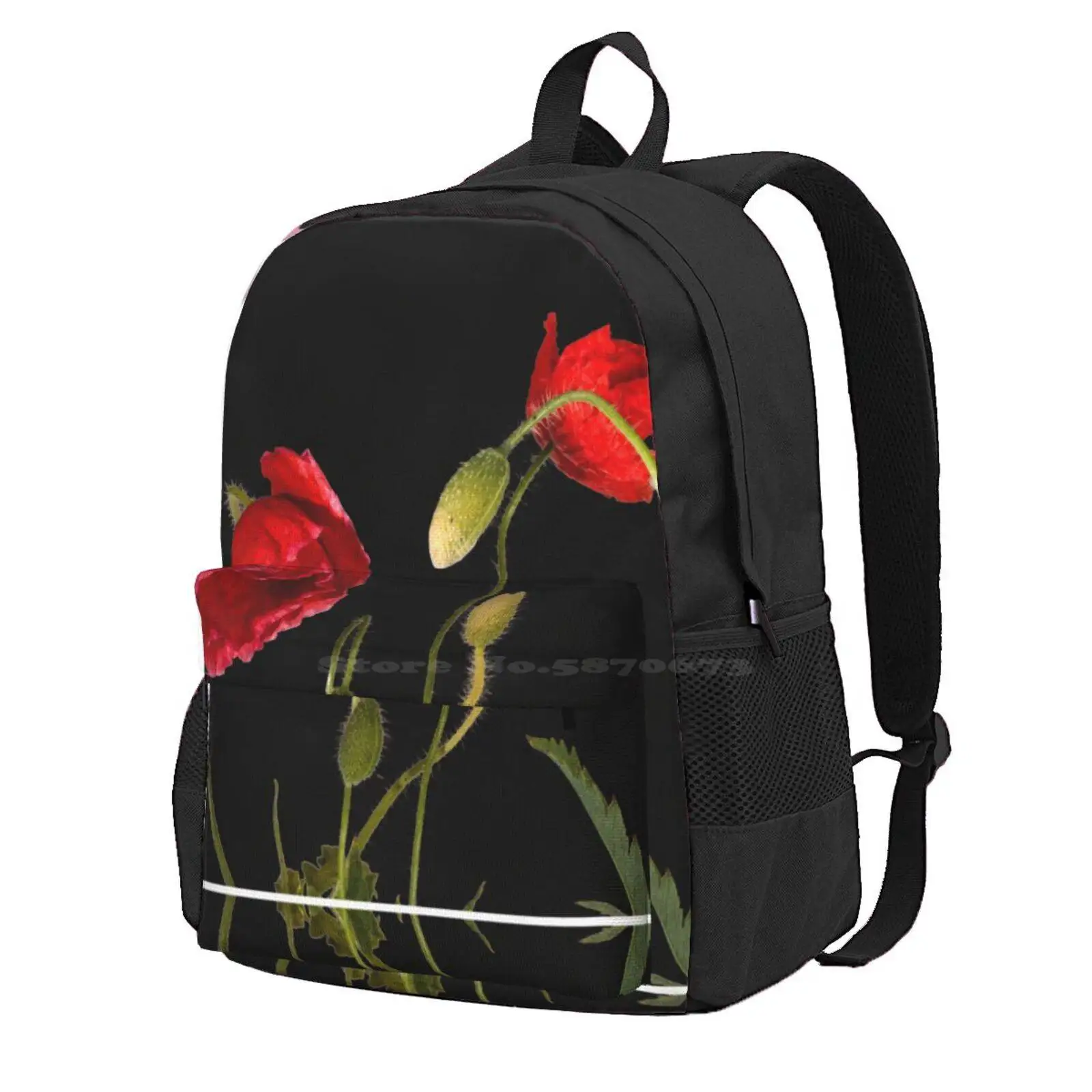 Vibrant Red Poppies On Black Hot Sale Schoolbag Backpack Fashion Bags Nature Red Flowers Floral Poppies Poppy On Black