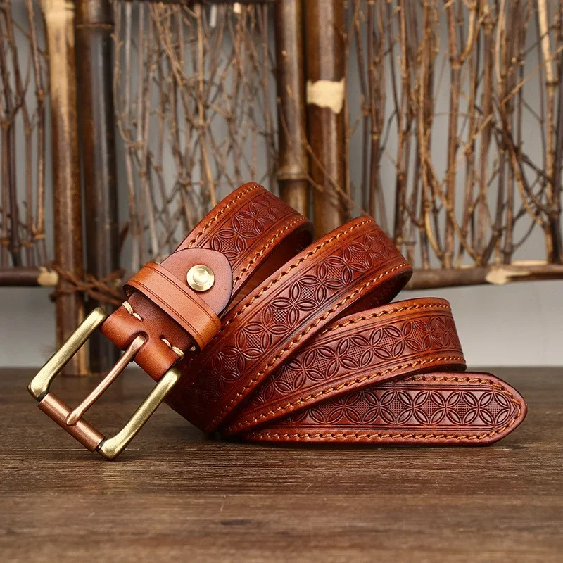 

3.3cm Men Real Genuine Cowskin Soft Cowhide Personality Lucky Totem Belt Male Vintage Luxury Design Copper Buckle Jeans Belts