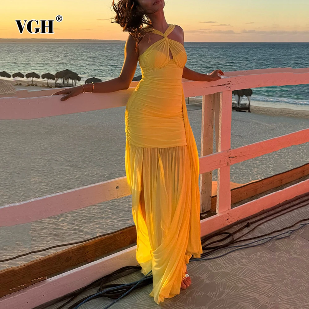 

VGH Casual Slimming Solid Long Dresses For Women Camisole Sleeveless Backless High Waist Folds Temperament Dress Female Style