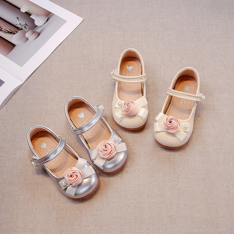 New Silver Children Leather Shoes Princess Fashion Flower Mary Janes Baby Shoes Toddler Flats Kids Dance Performance Dress