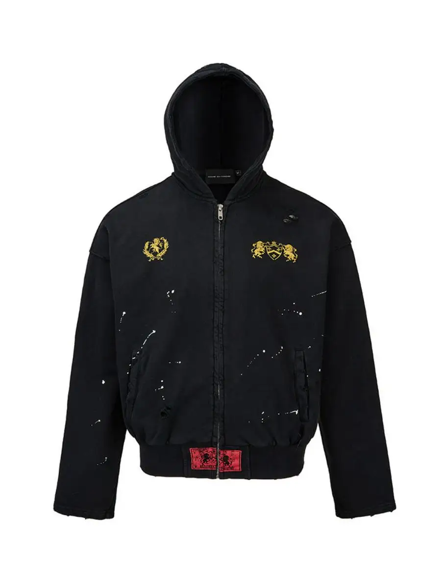 

Retro American Washed Vintage Print Short Wide Zipper Hoodie Men's Casual Spring Sweatshirt Resistant to Deformation