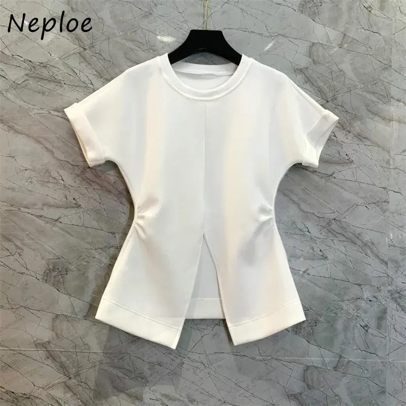 Neploe Hem Split Design Tees French Simple Elegant O-Neck Flying Sleeve T-Shirt Femme 2024 Summer Casual Loose Solid Color Tops