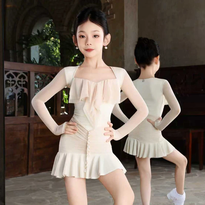 2025 جديد شبكة الأكمام اللاتينية أداء الرقص فستان الفتيات رومبا اللاتينية ملابس الرقص الأطفال قاعة الرقص أزياء SL14683 #1