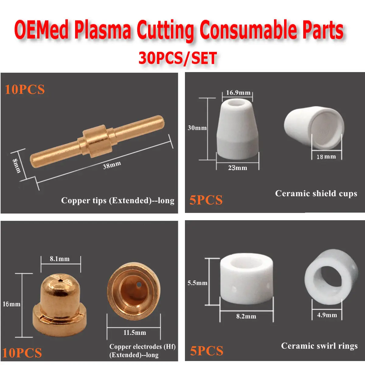 السيراميك البلازما القاطع المواد الاستهلاكية طقم قطع غيار 30 قطعة/المجموعة الديناميكيات الحرارية للأعمال النحاسية والصناعية الساخن