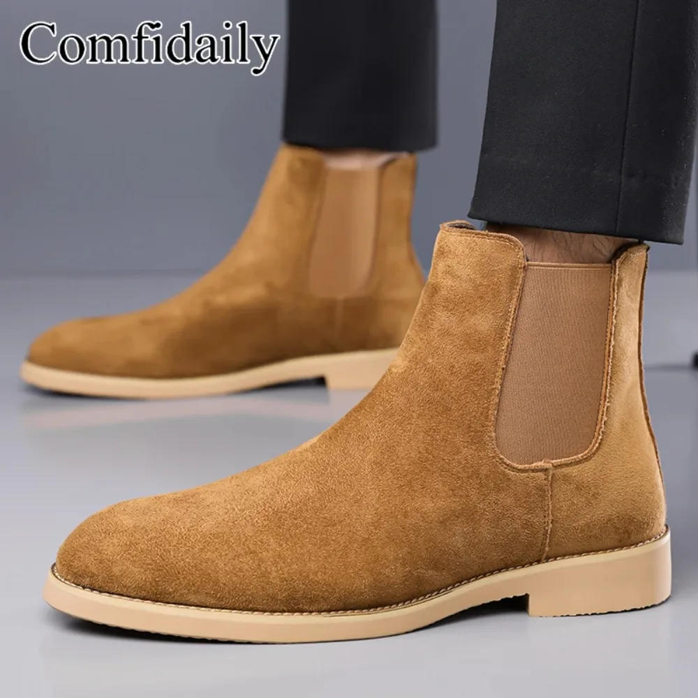 

Мужские ретро-ботинки челси из натуральной замши, модные короткие ботинки до щиколотки, повседневные ботинки в британском стиле, высокие ботинки.