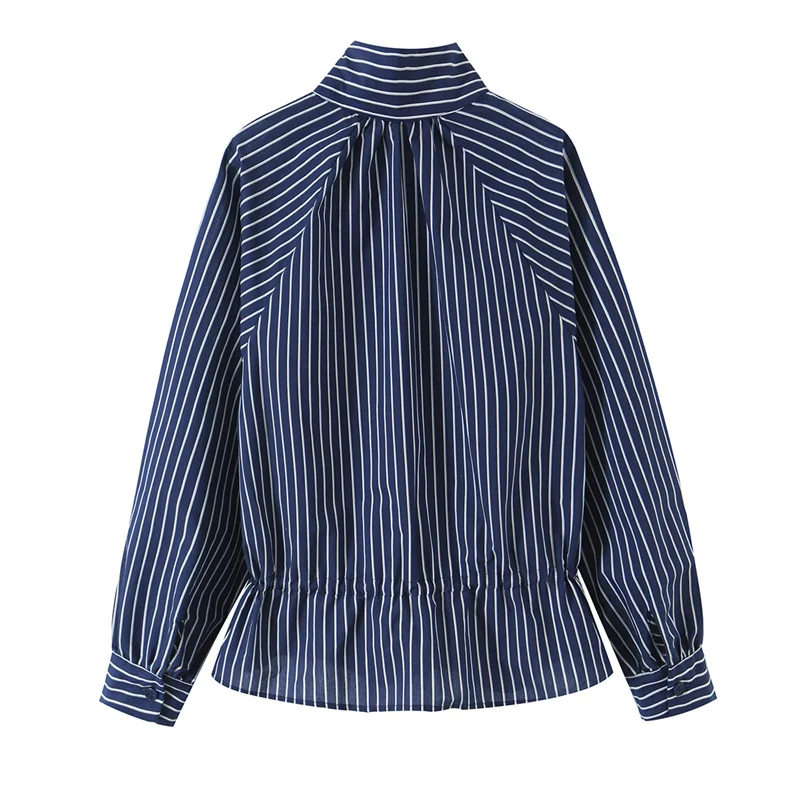 Guobioziy 2026 Women's Shirt Fall New Deep Blue Striped Long Sleeve Stand Collar Tie Shirt Relaxed and Lazy Stylish