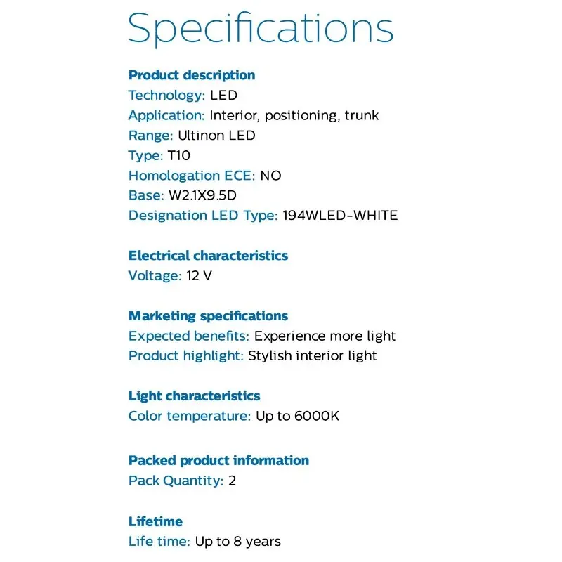 Philips-bombilla LED T10 W5W 194 Ultinon 6000K, luz blanca fría para intermitente de coche, luz Interior para puerta, placa de lectura, 12961ULWX2