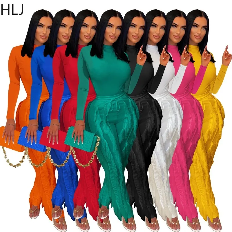 

HLJ Fashion Tassels Bodysuits Two Piece Outfits Women Long Sleeves Top And High Waist Fringe Pants Casual Bodycon Yoga Pants Set