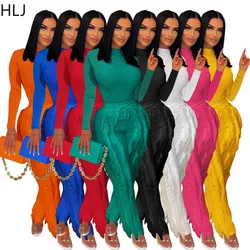 HLJ Fashion Tassels Bodysuits Two Piece Outfits Women Long Sleeves Top And High Waist Fringe Pants Casual Bodycon Yoga Pants Set