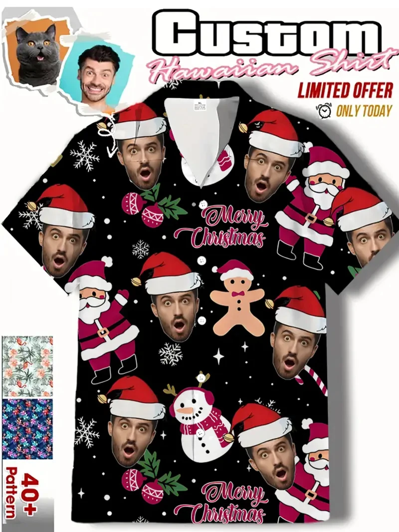 الكرتون عيد الميلاد قبعة مخصصة Diy بها بنفسك الوجه الجرافيك الرجال قصيرة الأكمام التلبيب قميص بلايز زر عيد الميلاد قمصان عطلة اليومية الإناث البلوزات #4