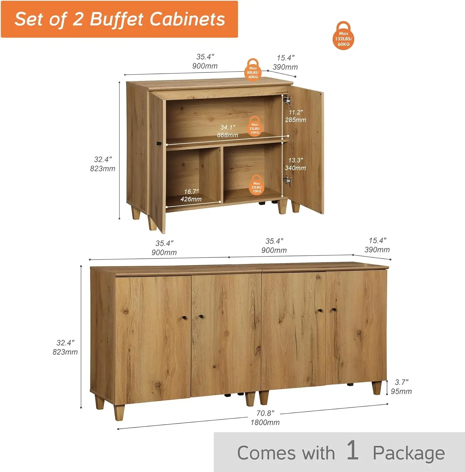 Aparadores WAMPAT para Buffet, armarios de almacenamiento de Credenza de madera de 70,8 "de ancho con 4 puertas, Juego de 2 modernos para Cocina