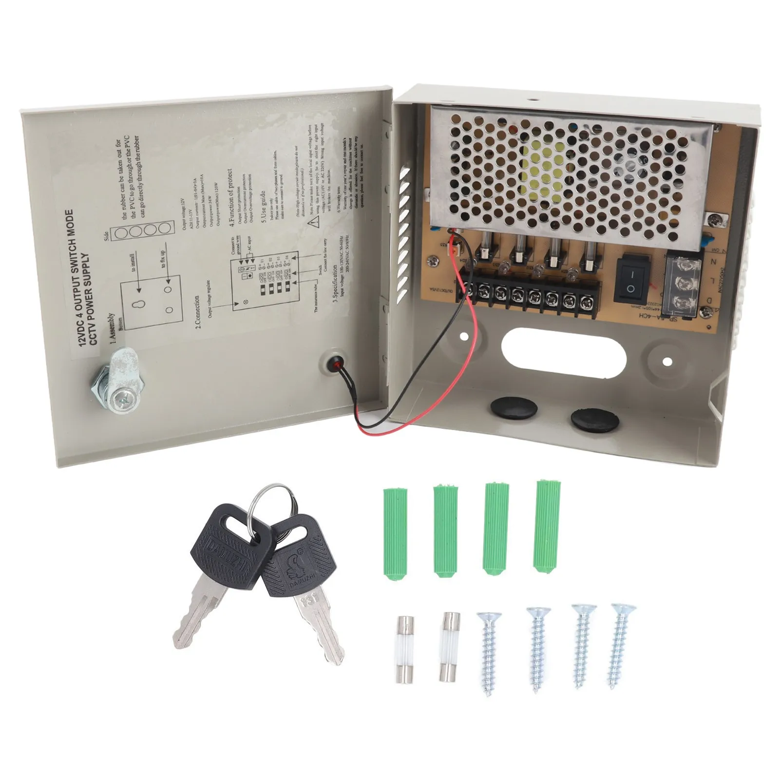4 Channel 12V CCTV Power Supply 3A Fuse Closed Circuit TV Power Supply with Metal Box Lock 110V 220V