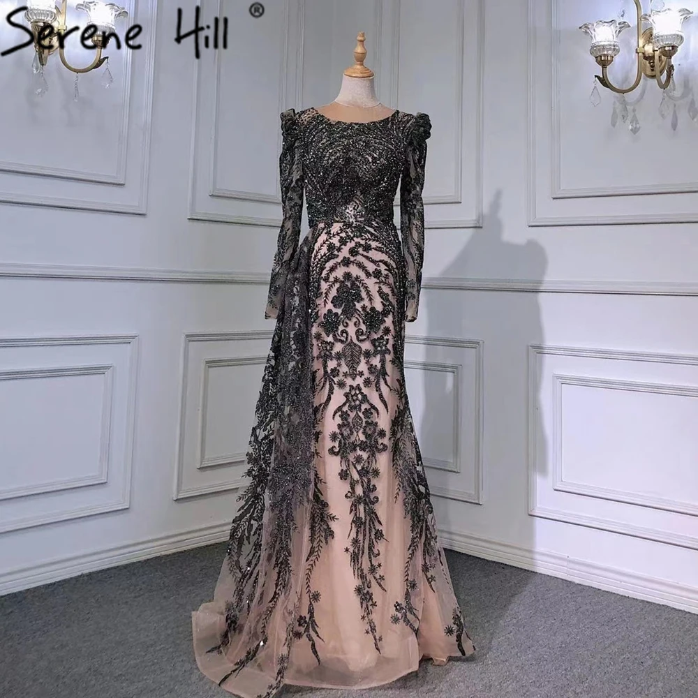 SERENE HILL Customized Muslim Dark Grey Luxury Evening Dress Gown 2025 Beaded Mermaid Overskirt Elegant Women Party CLA71610