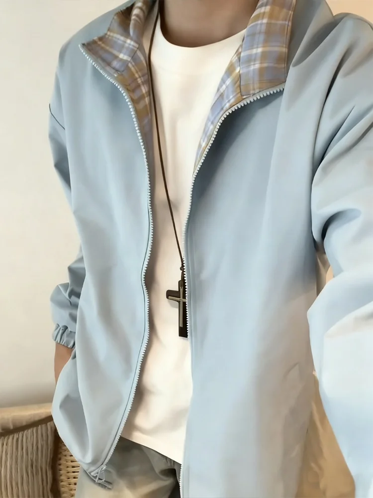 

American Retro Plaid Splicing Stand Collar Jaet Men's Casual Sportswear Autumn Cleanfit Color Baseball Vest Outerwear