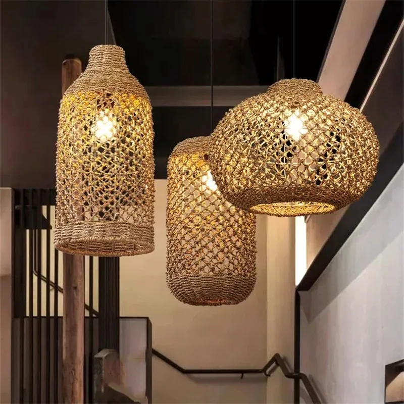 

Japanese Handmade Rattan Pendant Lights Retro Vine Straw Rope Hanging Lamps Restaurant Tea House Living Room Bedroom Chandelier