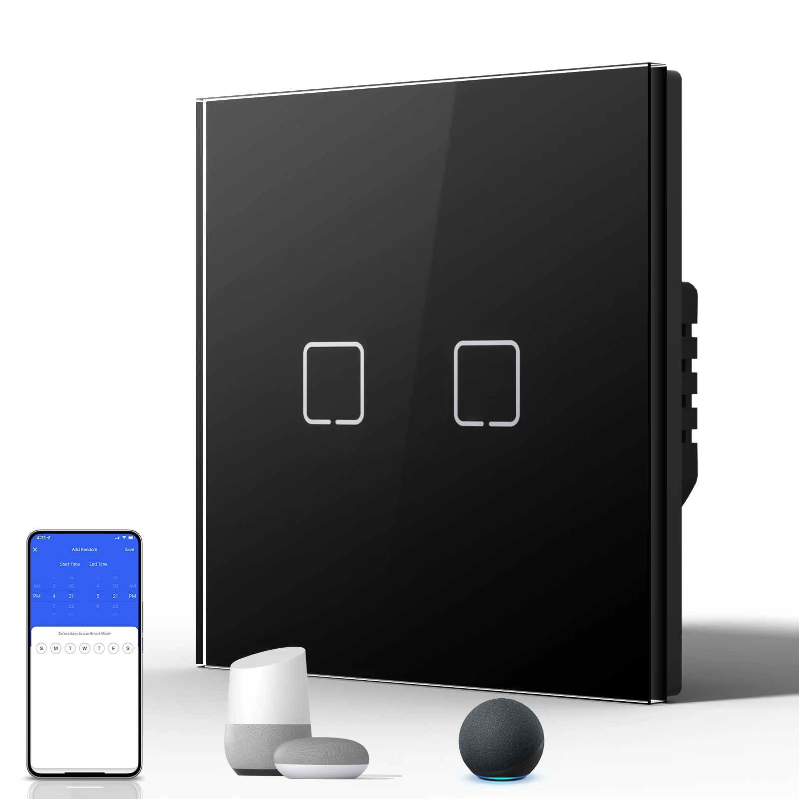 BSEED E-Serie 2-fach 1/2/3-Wege WLAN-Touch-Schalter Wandschalter für Treppen Tuya Smart Life Alexa App-Steuerung Gelbe Hintergrundbeleuchtung 10A Schwarzes Glaspanel 2/3/5/8/10er Pack