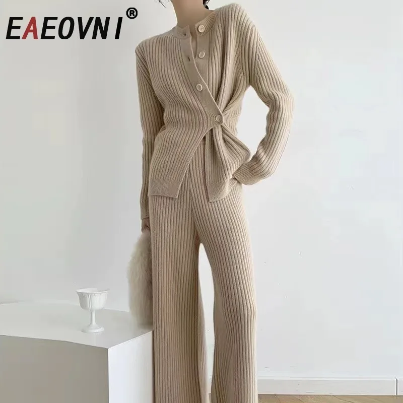 

EAEOVNI осень-зима новый вязаный комплект из 2 предметов женская мода однотонный асимметричный дизайн на пуговицах топы + длинные брюки повседневные комплекты