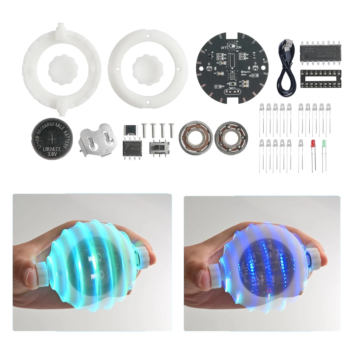 

Rechargeable LED Gyroscope Soldering Practice Kit Colorful Fingertip Gyro for Stress Relief STEM Electronics Project Unique Gift