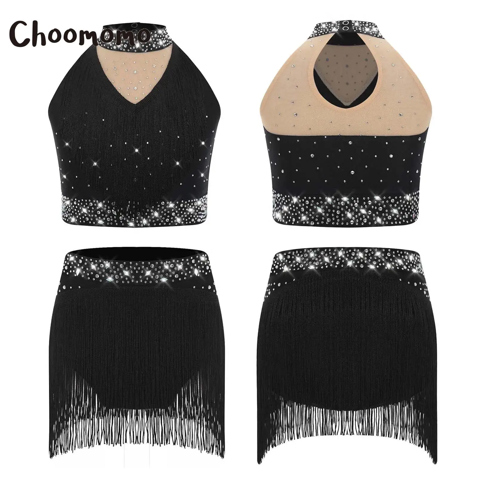 

Girls Latin Jazz Dance Outfit Sparkly Sequins Tank Tops Dance Vest with Dance Bottoms Set Stage Performance Dancewear