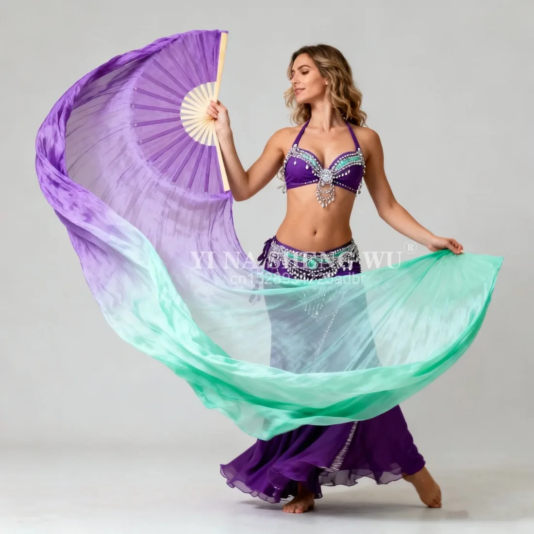 Professional Belly Dance 100% Silk Fan Veil Hand Painted Colorful Extra Long Flowy Light Weight Silk Veil Dancer Stage Performan