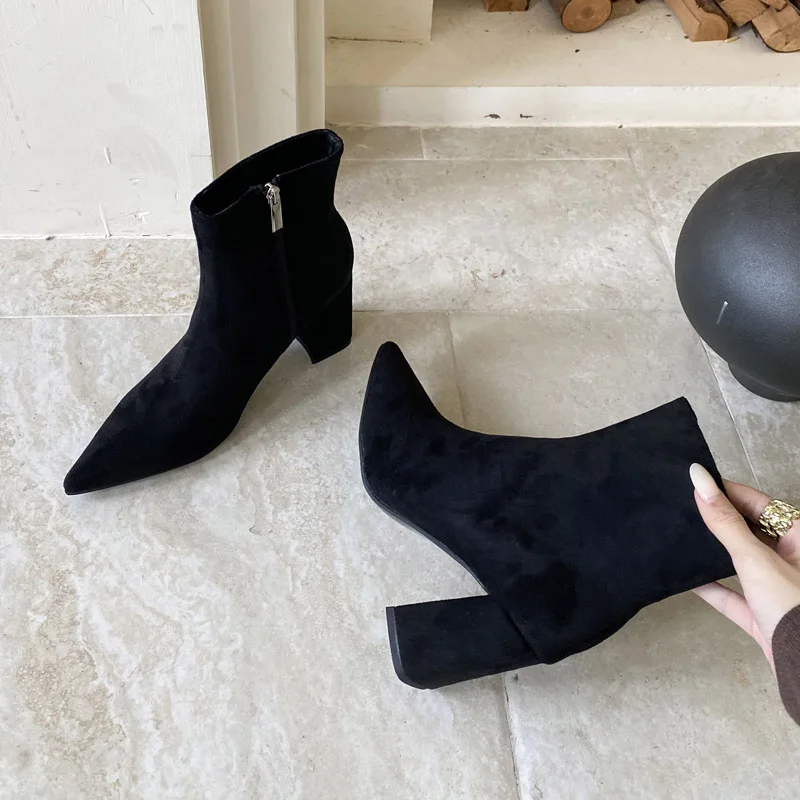 

Eilyken/Новые модные женские ботильоны на высоком квадратном каблуке с молнией, осенне-зимняя банкетная модельная женская обувь с острым носком