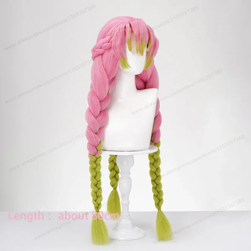 

Аниме Mitsuri Kanroji косплей синтетический парик длиной 80 см розовый зеленый термостойкие плетеные волосы для женщин aw;3'f,6;t.8'