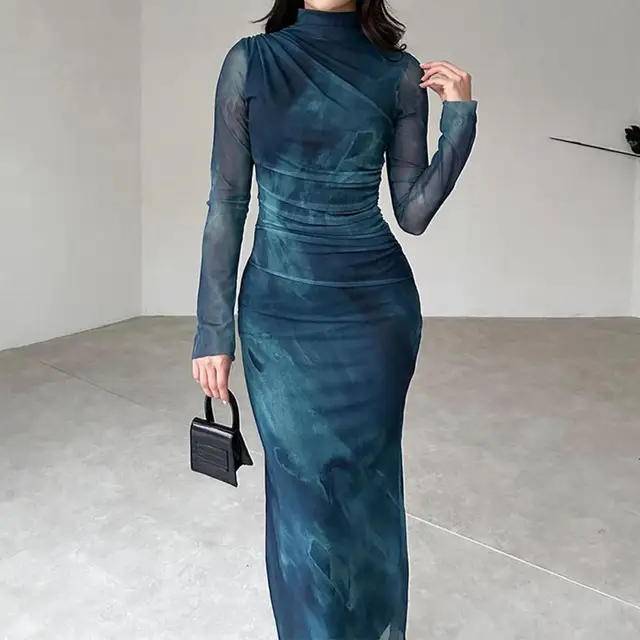 Modna sukienka midi z plisowaną spódnicą dla kobiet Slim Fit Jednokolorowa sukienka z długim rękawem i półwysokim kołnierzem