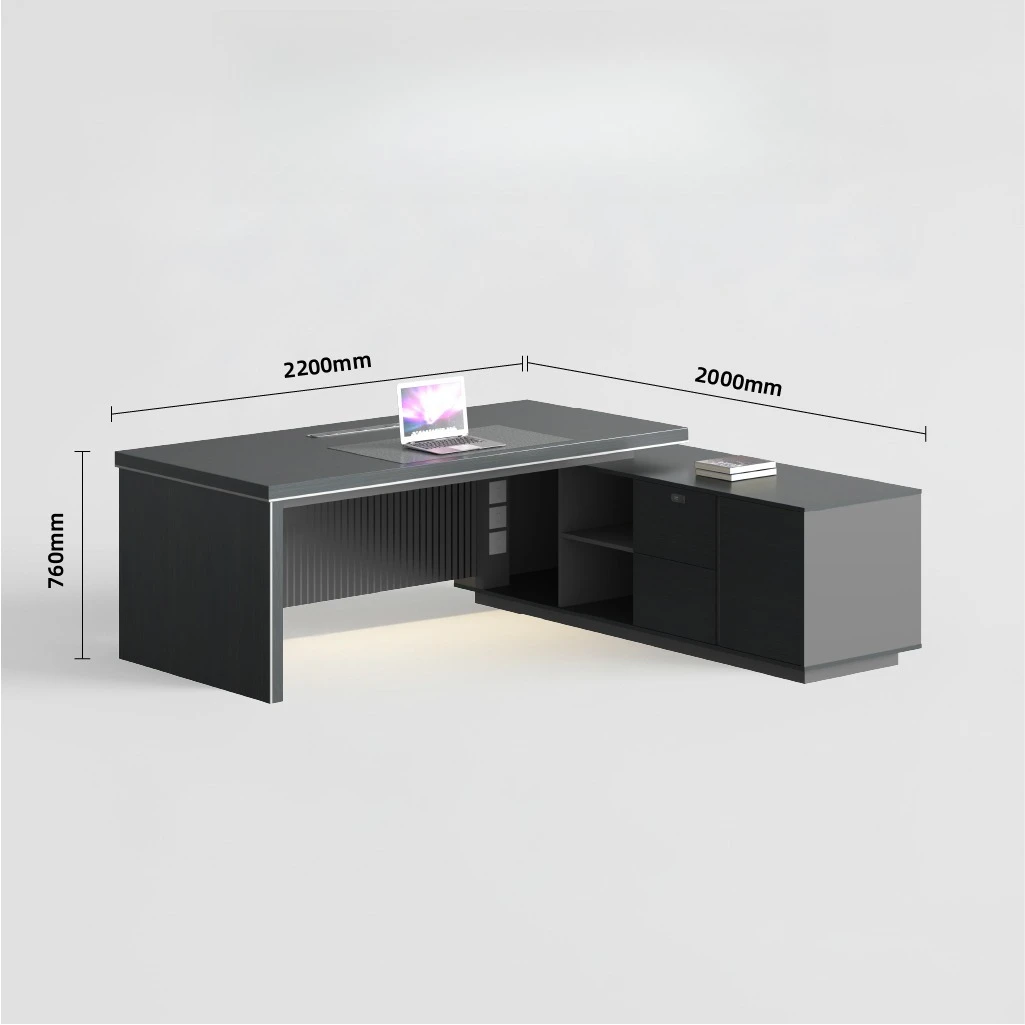 Executive wooden desk with built-in electrical outlet and secure locker