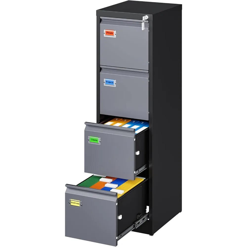4 Drawer File Cabinet, Vertical Filing Cabinets with Lock, Metal File Cabinets for Home Office, Anti-Tip 4 Storage Drawers