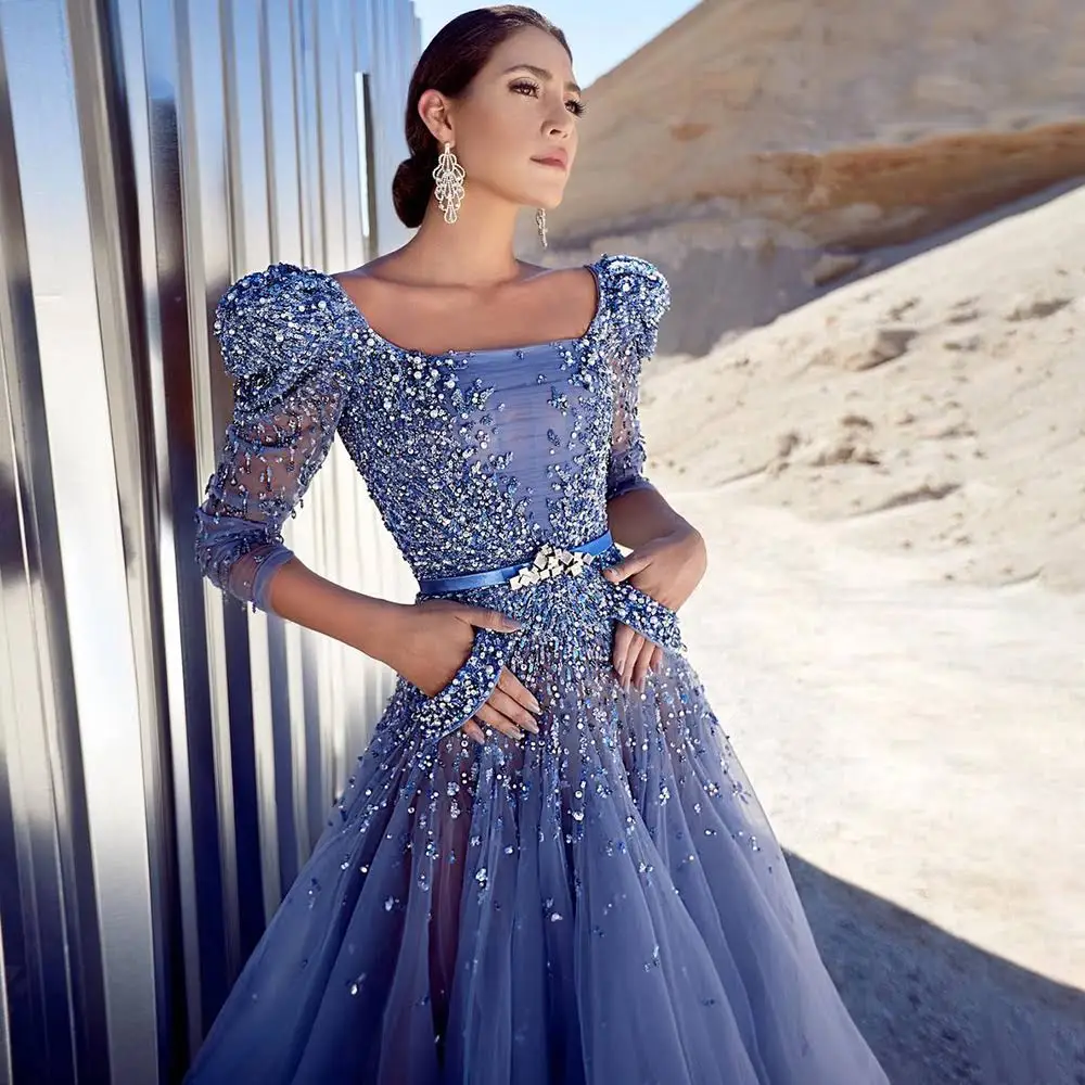 Blue Midi Evening Dresses Luxury Dubai Sequin Crystal Muslim With Belt Arabic Wedding Formal Party Prom Gowns Vestido Customized