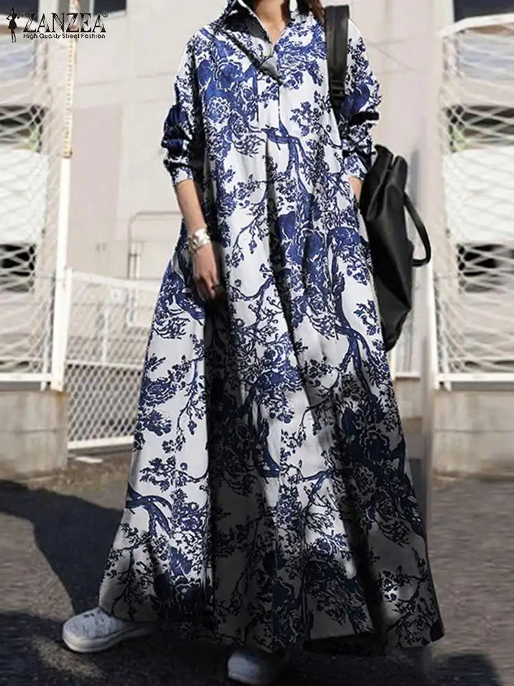 2023 Autumn Maxi Sundress ZANZEA Vintage Long Shirt Dress Women Floral Printed Cotton Long Sleeve Vestidos Female Holiday Robe