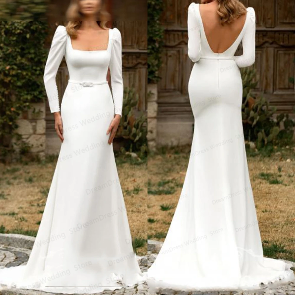 

Customized White Satin Sexy Mermaid Classic Square Collar Formal Wedding Dress High Quality Bridal Party Delicate Bridal Gowns
