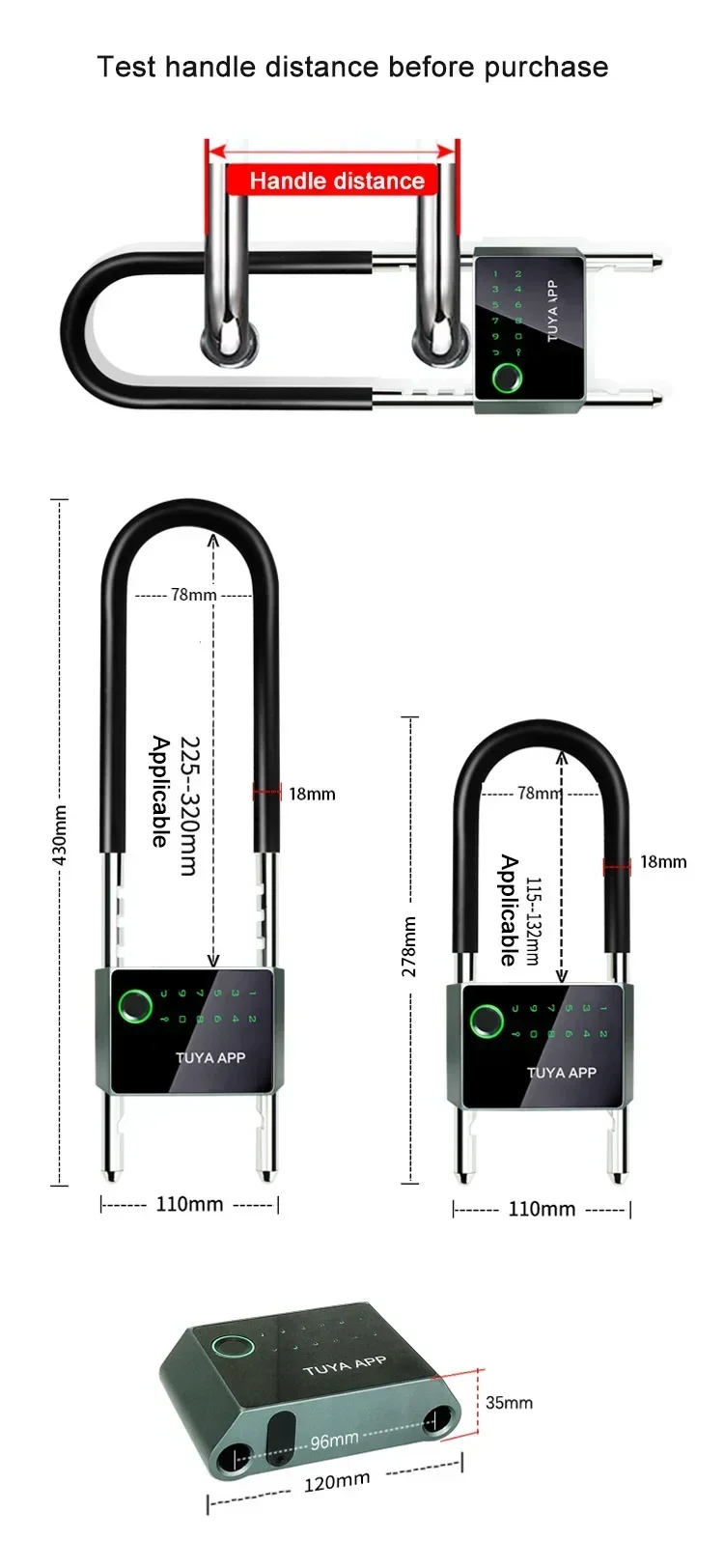 Tuya gembok pintu cerdas, pintu kaca bentuk U, kunci sidik jari biometrik, kata sandi, aplikasi kartu IC, membuka kunci elektrik dengan Remote