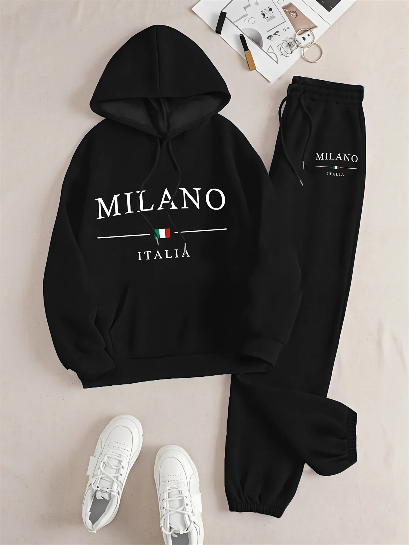 

Women's Hoodie+Sweatpants Set Hip Hop Street Casual MILANO ITALIA Letter Printed Loose Sweatshirt Autumn Wool Warm Clothing