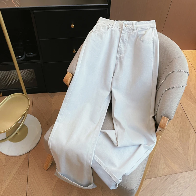 Bomon Fashion Office Girl nowa koreańska wersja białych szarych dżinsów damskich z wysokim stanem proste spodnie luźne spodnie z szerokimi nogawkami