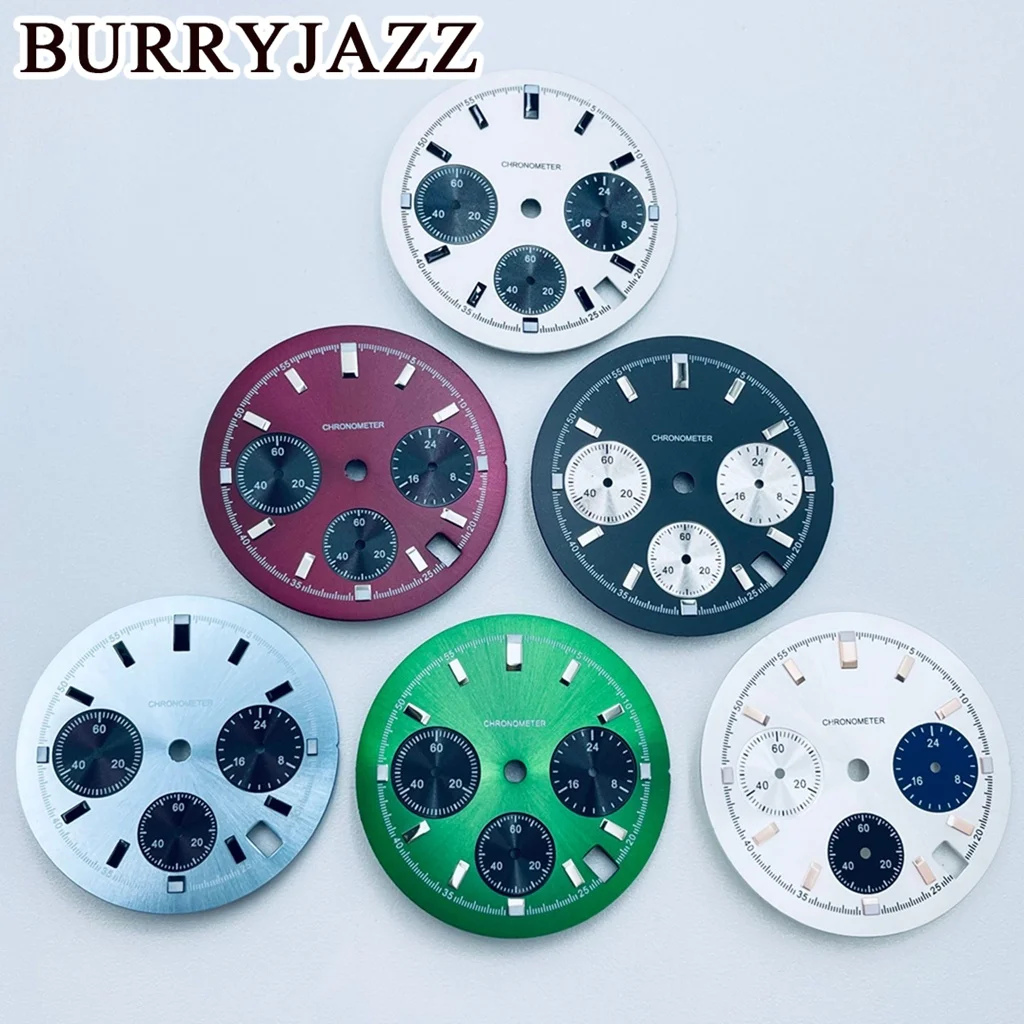 BURRYJAZZ 30mm Watch Dial Fit VK63 VK63A Movement Luminous Index Modified Black Blue White Watch Face Multi Function Watch Dial