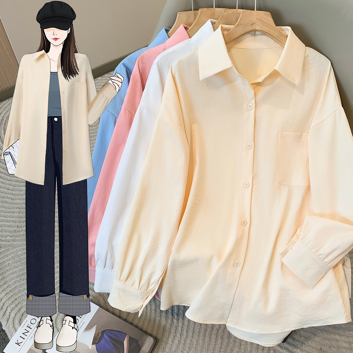 

Loose Chiffon Shirt Women Blouses Spring/Summer Solid Color Pocket Long Sleeve Sunscreen Clothes Cardigan Casual Long Shirt