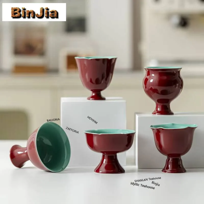 retro Red Green Flower Mouth High Foot Teacup Vintage Tea Bowl Beautiful Tea Cup Tea-tasting Personal Cup Chazhan Master Cups