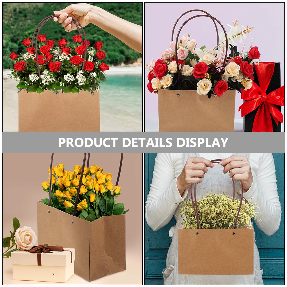 

5pcs Kraft Paper Tote Bags for Flowers Waterproof Square Gift Packaging Reusable Handle Party Supplies