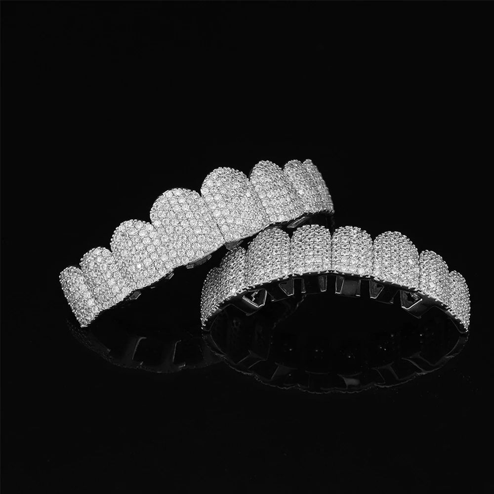 Silver Plated Full Iced Out CZ Zircon Teeth Grillz Top & Bottom Hip Hop Mouth Grills with Silicone Molds for Rapper Cosplay view 2